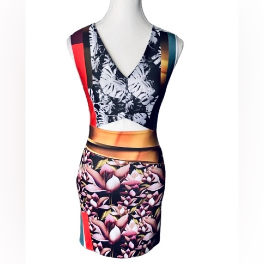 CLOVER CANYON XS Dress Bodycon Designer Pattern Floral Mini Chrome Divide Cutout